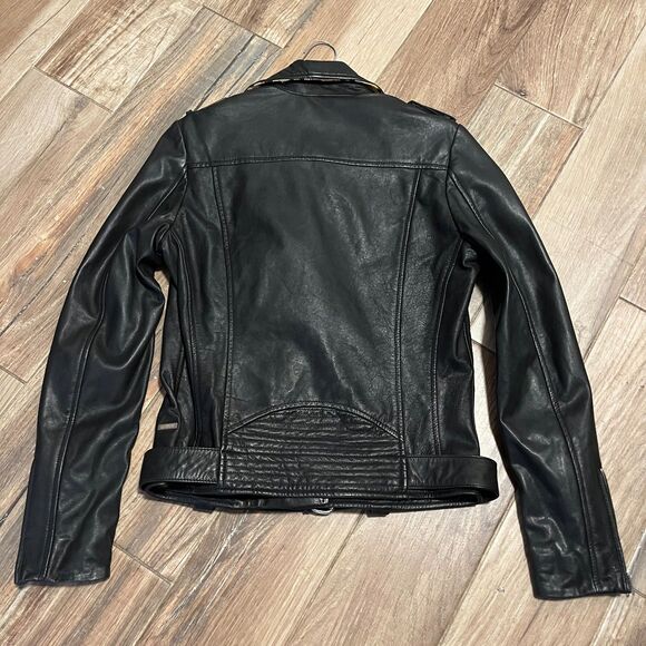 Scotch & Soda Womens Black Leather & Leopard Trim Biker Jacket NWOT Small - Picture 5 of 12